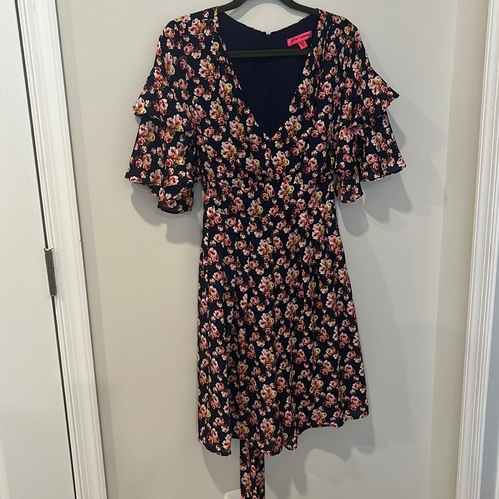 Betsey Johnson Navy Floral Wrap Romper with Pink & Cream Blossoms SIZE 12